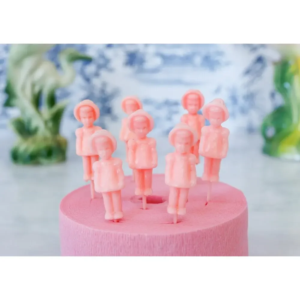 VTG Set of 7 Pink Bonnet Girl Cake Topper Candle Holder Kids Birthday Retro MCM